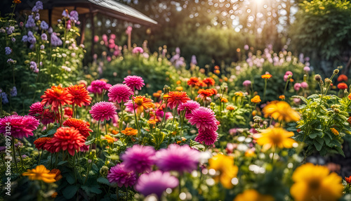 Nahaufnahme eines schönen Gartens voller bunter Blumen und Blüten an einem sonnigen Tag im Frühling oder Sommer nach einem Regen mit strahlendem Sonnenschein, Gärtnern, Park, gestalten