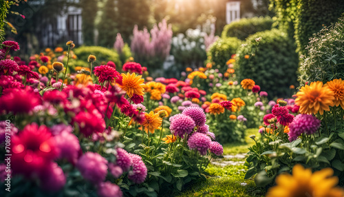 Nahaufnahme eines schönen Gartens voller bunter Blumen und Blüten an einem sonnigen Tag im Frühling oder Sommer nach einem Regen mit strahlendem Sonnenschein, Gärtnern, Park, gestalten
