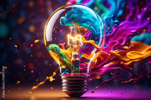 a creative light bulb with a yellow filament on a purple and blue background. The lightbulb is surrounded by a colorful splash of liquid, creating an abstract and artistic scene.