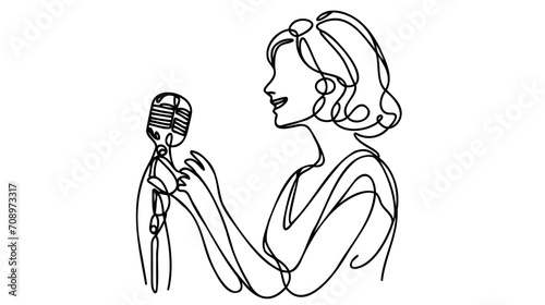 Woman sing a song continuous one line drawing of singer music person. Singer in continuous line art drawing style.