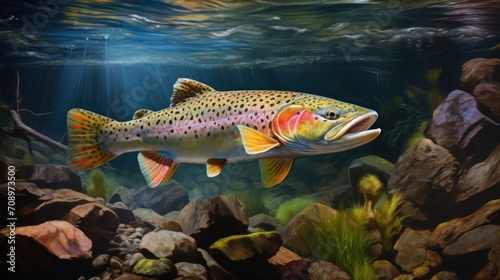  a painting of a rainbow colored fish swimming in a pond of water surrounded by rocks and grass, under a blue sky with light rays coming from above the water.