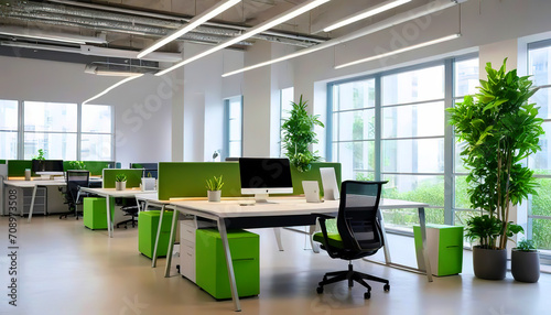 Spacious open space office with modern furniture  office chairs  work desks  green natural plants  and LED lighting. Workspace organization concept