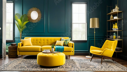 Teal sofa and yellow accent chair. Retro interior design of living room