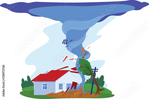 House and tree being hit by a tornado, debris flying, natural disaster concept. Tornado damaging property, extreme weather vector illustration.