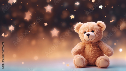 A cute teddy bear sitting alone with a backdrop of glittering stars, creating a magical and dreamy atmosphere. © tashechka