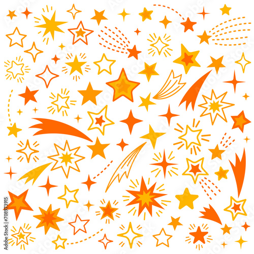 A collection of hand-drawn stars and comets. Stars of different shapes. Orange and yellow stars, sparkle.