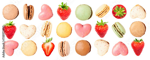 Colorful macaroons and strawberry collection isolated. PNG with transparent background. Flat lay. Design element. Without shadow. photo
