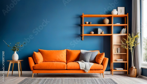 Vibrant orange sofa near blue wall with wooden cabinet and shelves. Scandinavian interior design of modern stylish living room photo