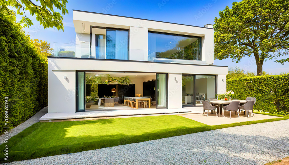View of luxurious modern house exterior with dining space and garden View of luxurious modern house exterior with dining space and garden