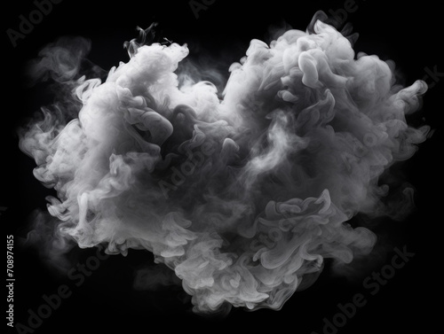 Monochrome abstract image of billowing smoke clouds swirling against a stark black background, creating a mysterious atmosphere.
