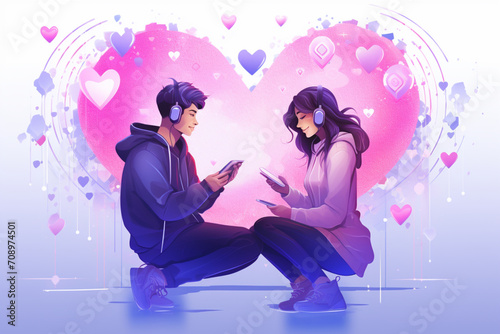 Two individuals engaging in a virtual date through advanced dating technology  Virtual reality environments or futuristic dating platforms  Illustrate the use of AI and immersive date  illustration