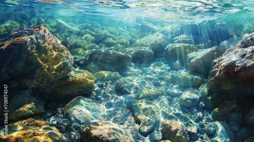  an underwater view of rocks and water with sunlight coming through the top of the rocks and the bottom of the water below the water is clear blue and green water.