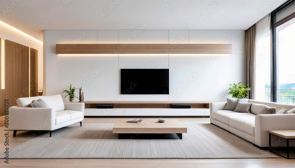 White sofa and TV unit in spacious room. Luxury home interior design of modern living room. Panorama White sofa and TV unit in spacious room. Luxury home interior design of modern living room. Panorama