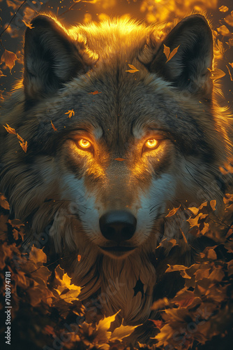 Wolf with Glowing Eyes Amidst a Tapestry of Fall Foliage © artefacti