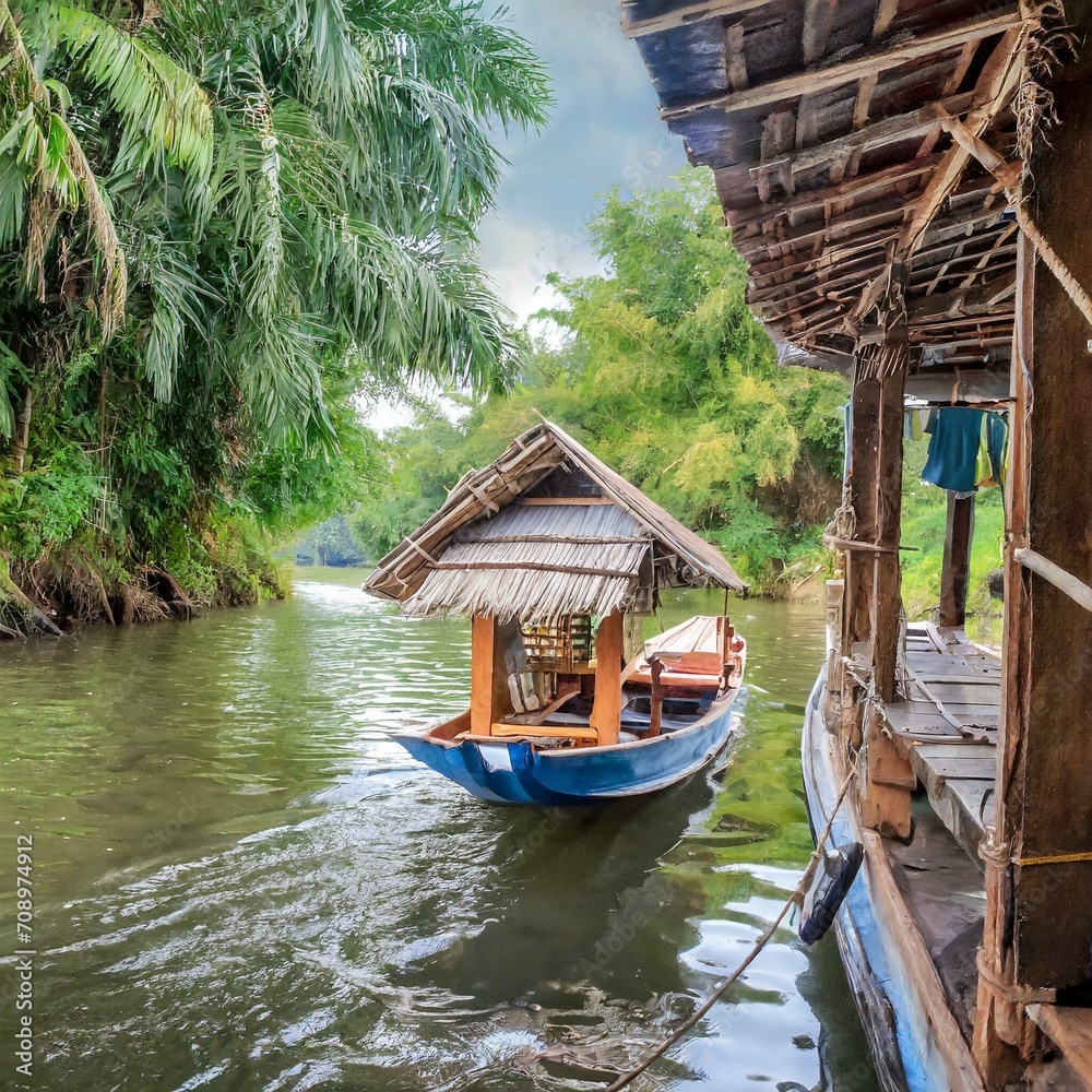Obraz premium Peaceful freshwater scene with a houseboat offering boating transportation