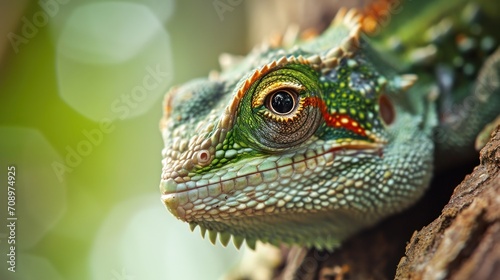  a close up of a green and orange lizard on a tree branch with blurry boke of light in the background and a blurry boke of the background. © Olga