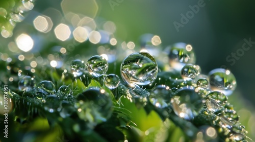  a bunch of water droplets sitting on top of a green leaf covered in drops of dew on a sunny day with the sun reflecting off of the leaves in the background.