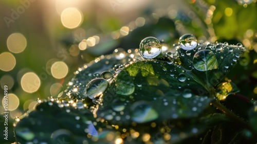  a close up of water droplets on a green leaf with sunlight shining through the leaves on the other side of the drop of water on the leaf is a green leaf.