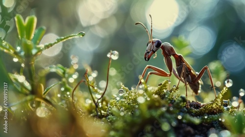  a close up of a grasshopper on a mossy surface with drops of dew on the grass and a blurry background of the grass and drops of dew on the grass.