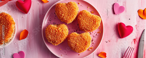 Breaded heart shaped hamburger patties in a valentines day themed setting, flat lay photography, realism,