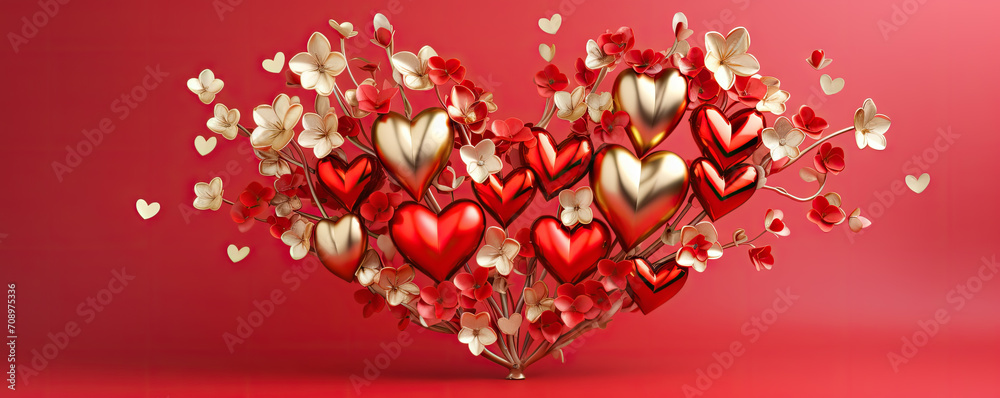 Gold foil heart shape balloons with flying roses and ranunculuses on a red background, celebration, Gold foil heart shape balloons with flying roses and ranunculuses on a red background, celebration,