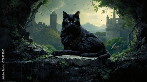 Majestic Black Cat with Piercing Green Eyes sitting against a scary backdrop - AI Generative