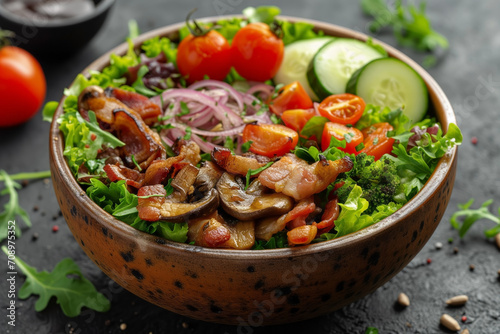 Vegetable salad with mushrooms and meat in a decorative bowl