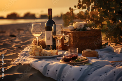 Romantic picnic on the beach at sunset