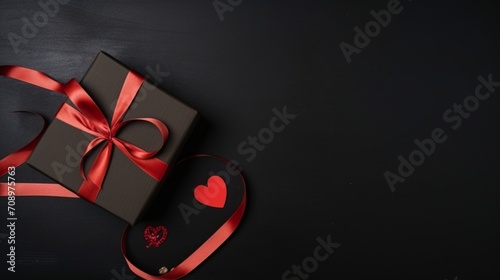 Top view of gift box with red ribbon on black background with copy space for text.