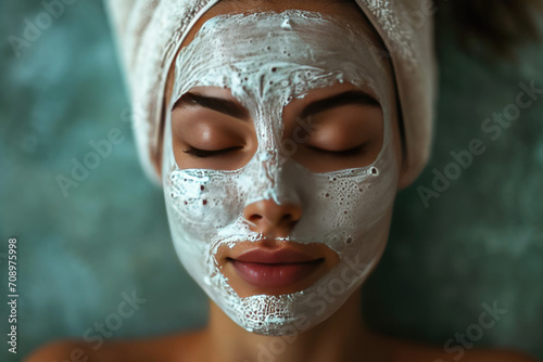 Hydration. Cream smear. Beuaty close up portrait of young woman with a healthy glowing skin is applying a skincare product. photo