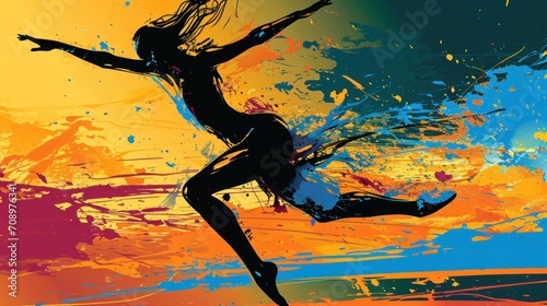  a painting of a woman dancing in front of an orange, blue, yellow, and pink background with a splash of paint on the bottom half of her body.