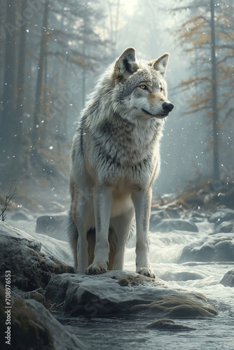 White Wolf Amidst a Snowy Forest by the Riverside