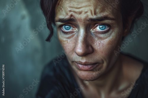 Portrait of a frankly weeping woman. Tears, tearful eyes, sad look . Concept - psychological help, support . Experienced psychological or physical violence .