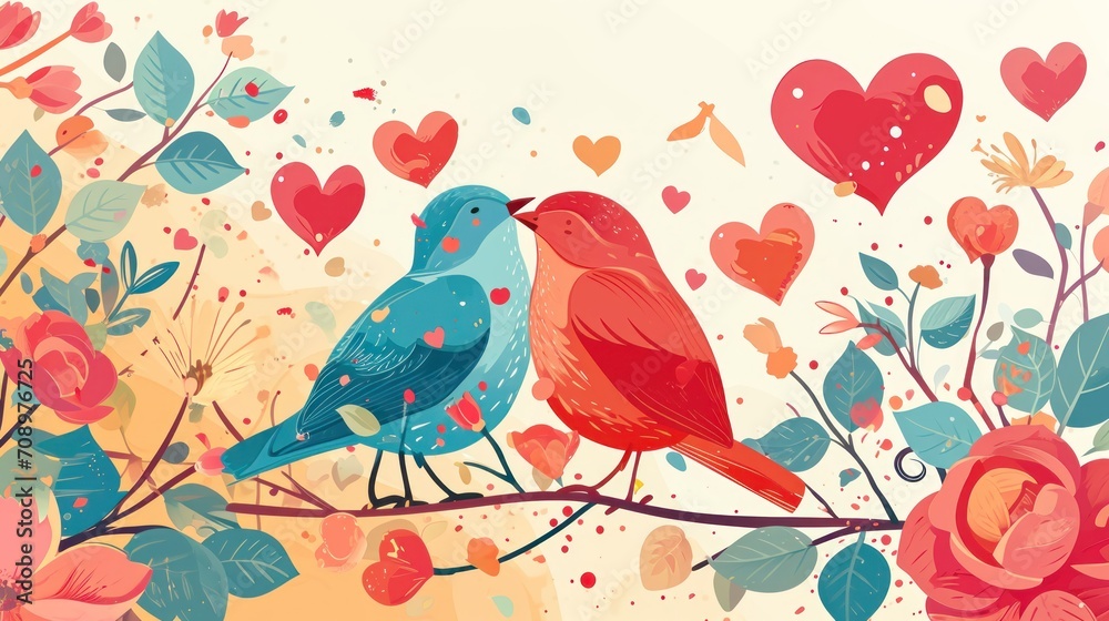  a couple of birds sitting on top of a tree next to a bunch of heart shaped flowers on a branch with leaves and hearts in the sky in the background.