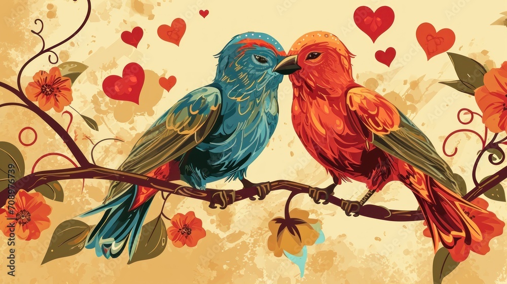  a couple of birds sitting on top of a branch next to each other on a flowery branch with red and blue hearts in the background of a yellow background.