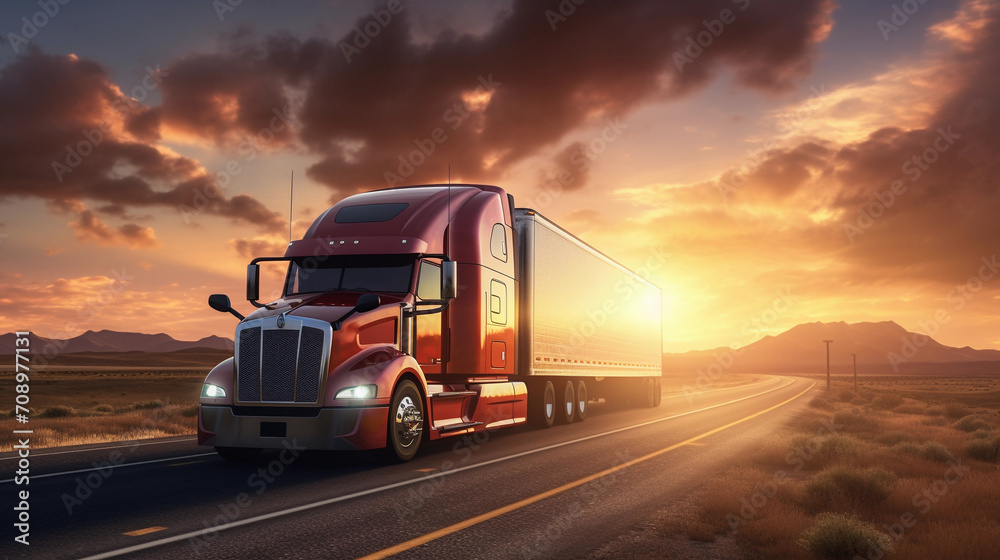 modern semi truck on cargo highway, cloudy sunny background, truck driver traveling on road modern semi truck on cargo highway, cloudy sunny background, truck driver traveling on road