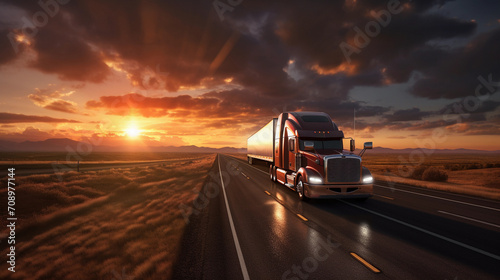modern semi truck on cargo highway  cloudy sunny background  truck driver traveling on road