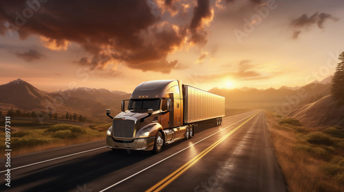 modern semi truck on cargo highway, cloudy sunny background, truck driver traveling on road photo
