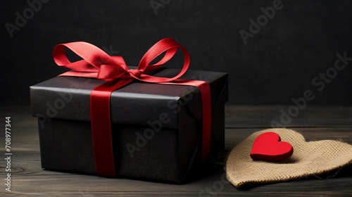 Black gift box with red ribbon bow and heart on wooden background.