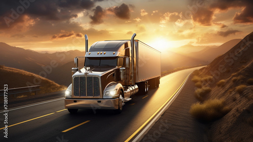 modern semi truck on cargo highway, cloudy sunny background, truck driver traveling on road © Joshua