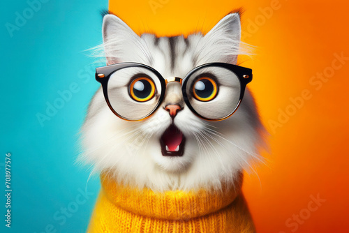 Surprised Cat with bulging big eyes wear glasses on bright color background. ai generative