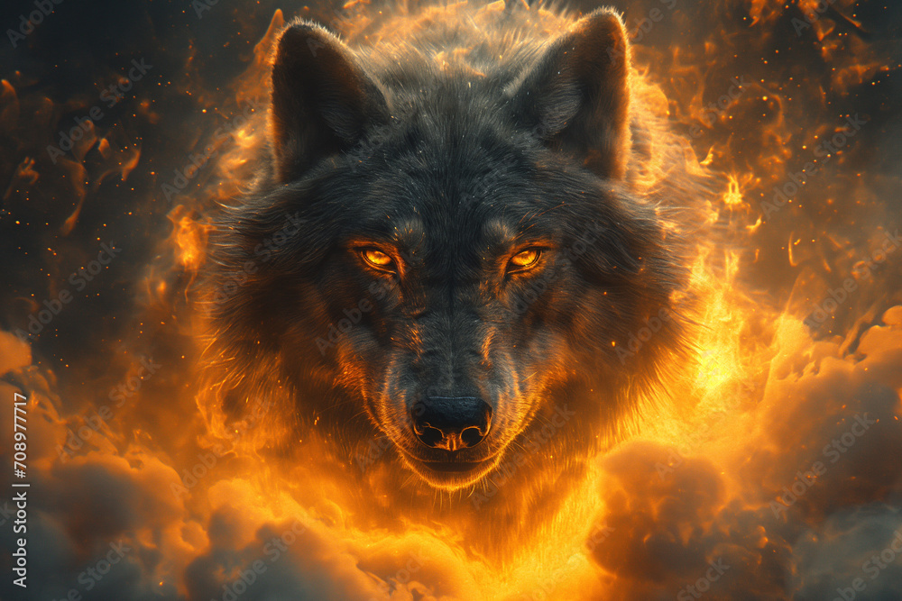 Wolf's Traverse Amidst Celestial Clouds and Fiery Embers
