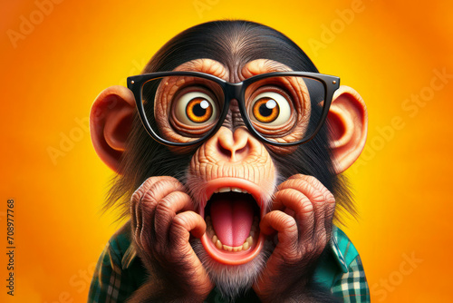 Surprised chimpanzee with bulging big eyes wear glasses on bright color background. ai generative © Igor