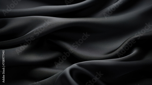 Close-up of black satin fabric, showcasing its luxurious texture and elegant sheen with graceful folds.