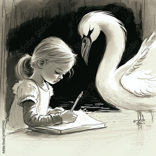 Crayon Dreams Floating on Feathers: Where Childhood and Grace Take Flight.
Swan Song Scribbles: A Girl's Symphony of Imagination, Drawn in Delicate Lines.
