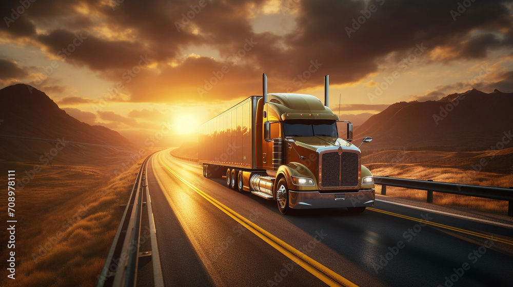 modern semi truck on cargo highway, cloudy sunny background, truck driver traveling on road modern semi truck on cargo highway, cloudy sunny background, truck driver traveling on road