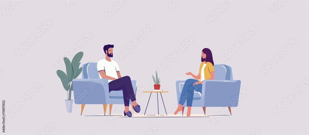 A man seeks therapy, sitting on a sofa, listening for mental health advice from a woman. A psychiatrist and frustrated patient meet in a clinic session for help with anxiety or depression.