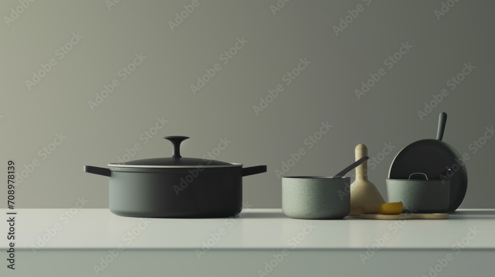 a table topped with pots and pans on top of a white counter next to a wooden spatula and a wooden spatula with a wooden spoon in it. a table topped with pots and pans on top of a white counter next to a wooden spatula and a wooden spatula with a wooden spoon in it.