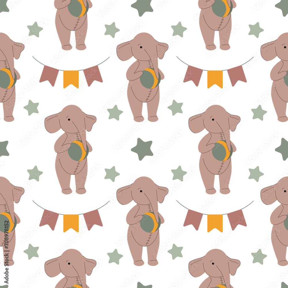 Fototapeta premium Seamless baby pattern. Cute elephant with a ball, stars and holiday flags. For clothing, wrapping paper, wallpaper, background.