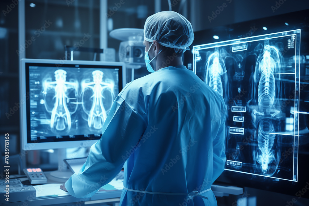 Male experienced doctor in operation room, against the backdrop of a white office and x-ray pictures. Generative AI - obrazy, fototapety, plakaty 